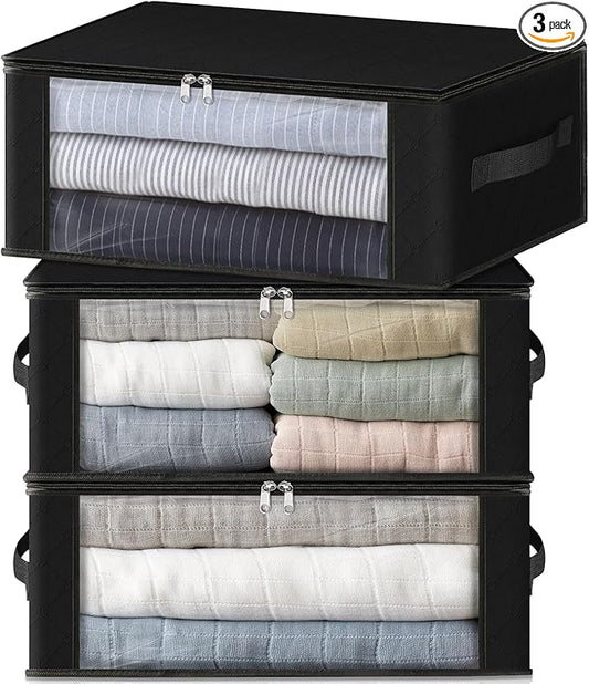 HomeHacks Storage 3-Pack Clothes Organizer Storage Bags Foldable Storage Box with Large Clear Window Sturdy Handles for Closet, Dorm, Pillows, Bedding, Clothes, Blankets, 35L, Black