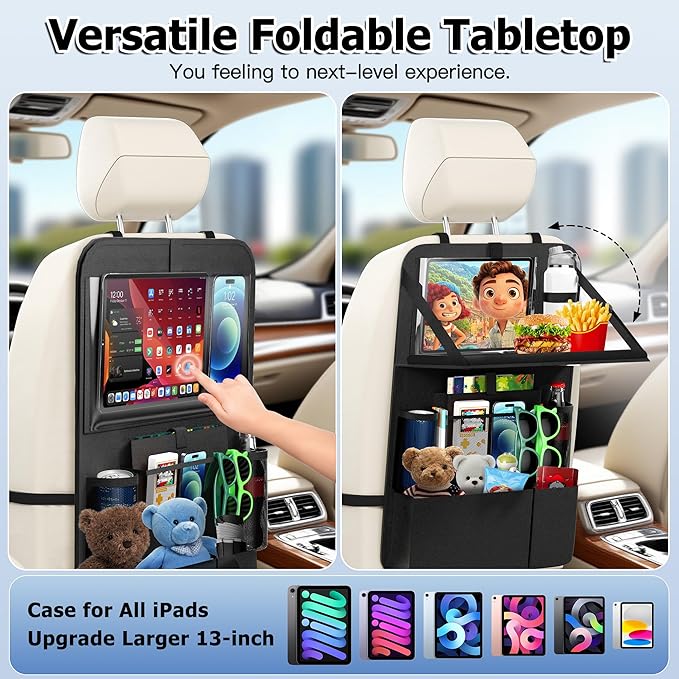 KaiCross Backseat Car Organizer with Upgraded Foldable Tray, Car Seat Organizer for Kids, Travel Accessories with 9 Storage Pockets, Car Seat Organizer Backseat with Touch Screen-1 Pack