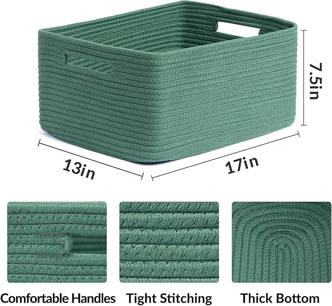 MiniArk Large Storage Baskets for Shelves, Closet Organizers Bins for Clothes Blanket Towels, Baby Nursery, Toy Baskets Box, Woven Rope Baskets, 17 x 13 x 7.5”, 3 Packs Green