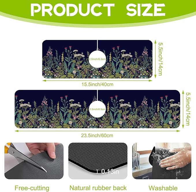 Colorful Herbs and Wild Flowers Kitchen Sink Splash Guard Faucet Mat Super Absorbent Fast Drying Mat Guard Behind Faucet Drip Catcher for Kitchen Bathroom, 15.5"X5.5"