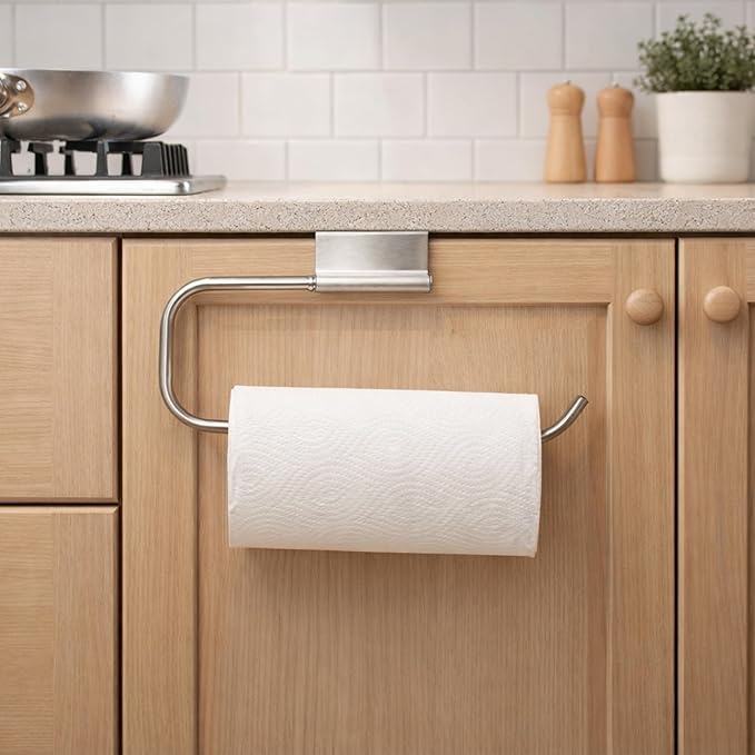 Over Cabinet Door Paper Towel Holder for Kitchen Cabinet Brushed Stainless Steel, Under Sink No Drilling Roll Dispenser for RV