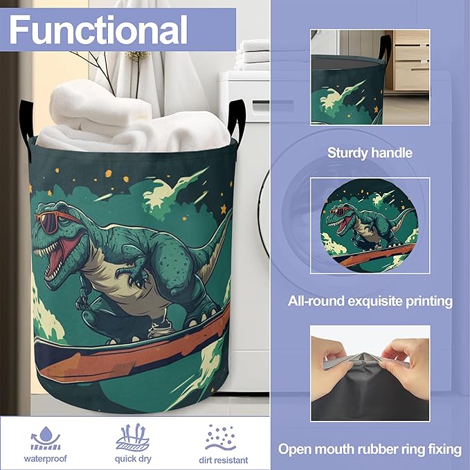 Cute Tyrannosaurus Rex Laundry Basket-Large Foldable Hamper Holder Portable Tall Collapsible Laundry Hamper Storage Basket Bin with Handles, Canvas & Waterproof lining for Household Items