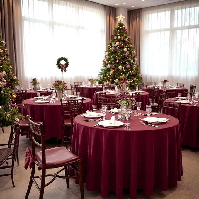 sancua Round Tablecloth 108 Inch Diameter, 6 Pack Burgundy - Circle Polyester Fabric Table Cloth for Chiristmas Party Reception Banquet Birthday, Washable Formal Table Cover (Fit 42-96 Inch Tables)