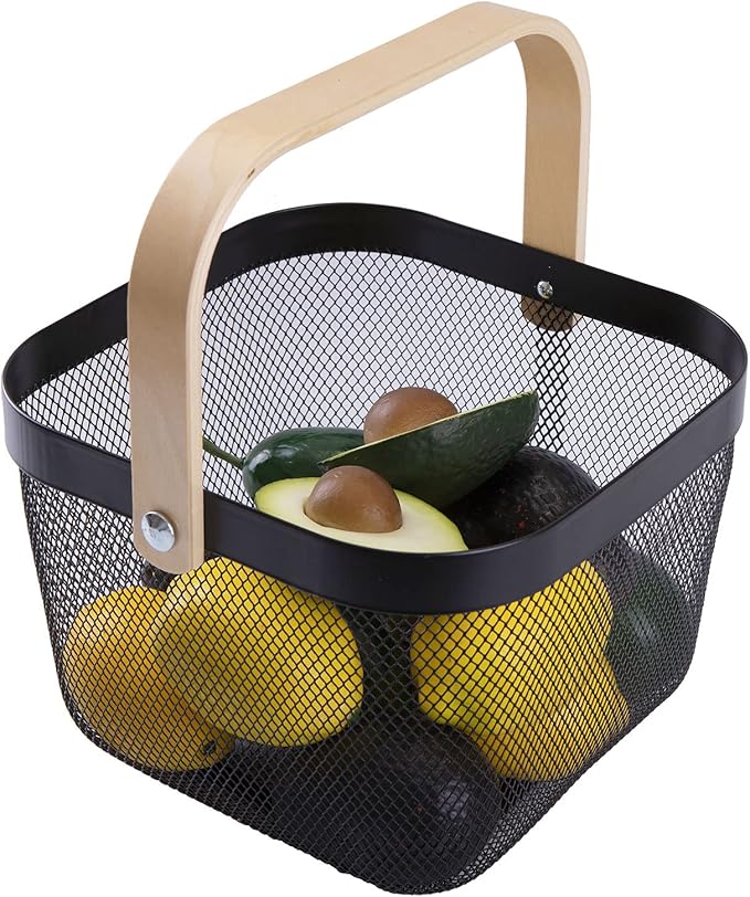 IBWell Square Metal Wire Woven Fruit Storage Bowl Basket with Wooden Handle, Large Black Mesh Fruit Stand, Multi-function Hanging Kitchen Baskets (Black, Nomal 2PCS)