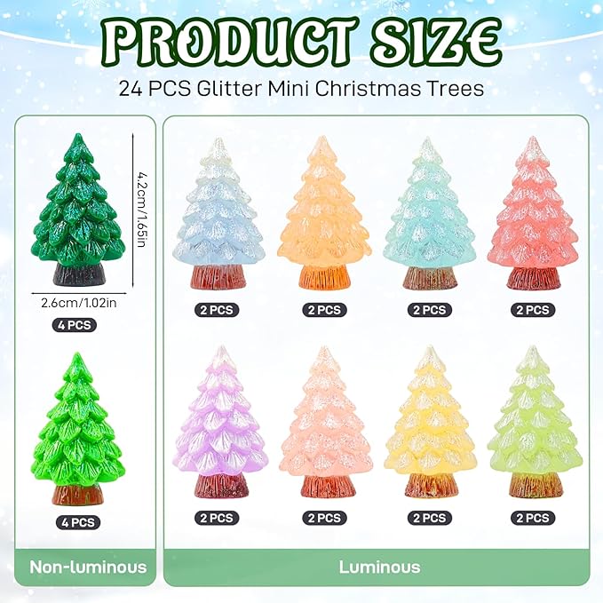 24 Pcs Mini Glitter Christmas Tree Figurines Glow in The Dark Xmas Luminous Resin Tree Miniature for Holiday DIY Crafts Garden Micro Landscape Party Home Tabletop Decoration