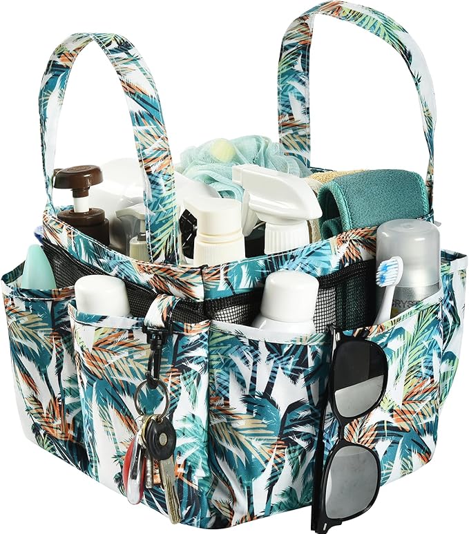 Haundry Shower Caddy Bag, Portable Mesh Shower Basket Organizer with Key Hook for College Dorm Bathroom Camp Gym, Hanging Tote Bag with 8 Pockets, Coconut Tree