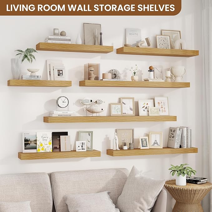 fuqing Floating Shelves for Wall, Wall Mounted Wood Floating Shelf with Invisible Brackets for Living Room, Bathroom, Bedroom, Kitchen Storage and Decor, 55 Inch Set of 2, Oak