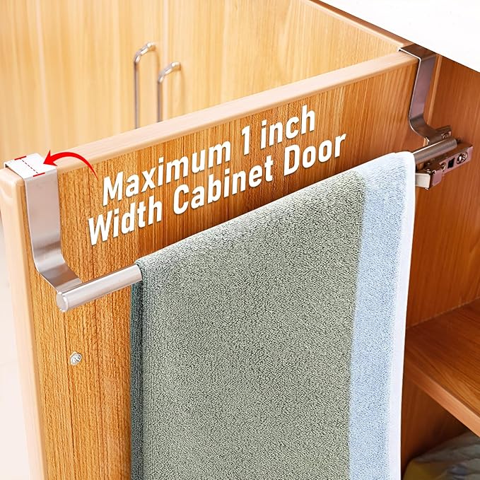 Over Cabinet Towel Bar with Hooks, 14 Inch Brushed Stainless Steel Over The Door Towels Rack for Home Bathroom Kitchen, Hang on Inside and Outside Cabinets or Doors, Holds Hand Dish Towels Washcloths