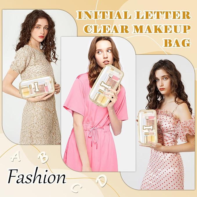 Personalized Initial Letter Clear Makeup Bag, Preppy Small Nylon & PVC Cosmetic Zipper Bag with Chenille Letter, Portable Beach Travel Skincare Toiletry Bag, Trendy Monogram Gift for Teen Girls Women, I