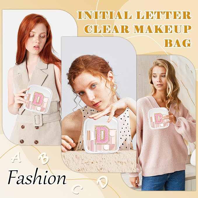Personalized Initial Letter Clear Preppy Makeup Bag,Mini Nylon Chenille Letter Cosmetic Bag Cute Zipper Pouch Purse for Teen Girls,Portable TSA Approved Beach Travel Essentials Bag Gift for Women,D