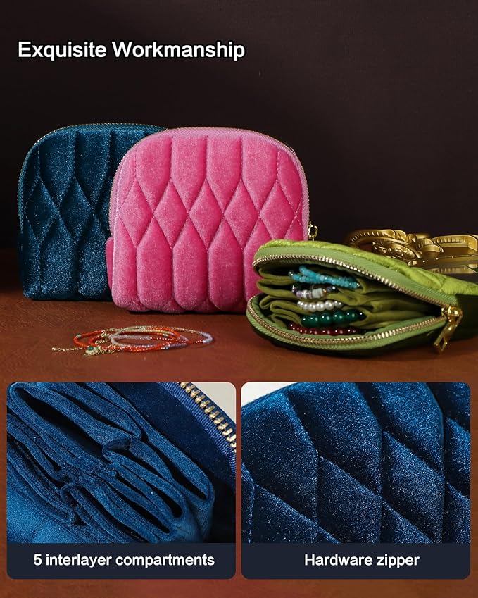 Small Travel Jewelry Case, Mini Travel Jewelry Bag with Zipper, 5-Layer Velvet Organizer Pouch for Bracelet Rings Earrings - Diamond Stitched Velvet BarbiePink