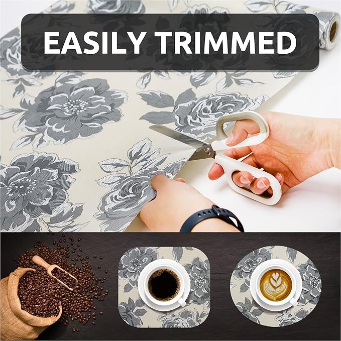 18X96 Inch Shelf Liner for Kitchen Cabinets, PVC Drawer Liner for Dresser Non-Slip Bathroom, Non-Adhesive Cabinet Liner Washable (Black Flower)(3 Roll)