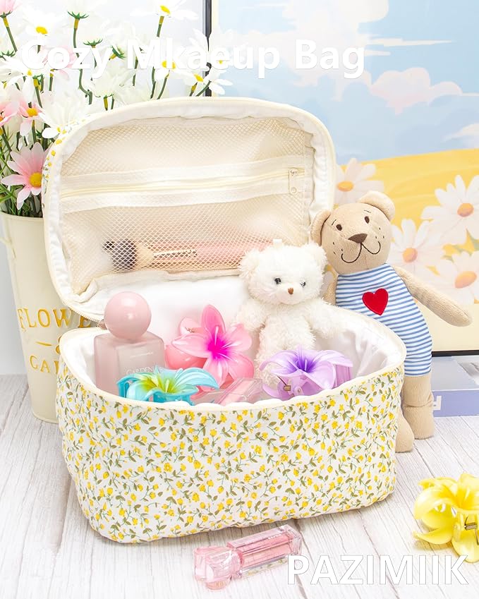 PAZIMIIK 3PCS Makeup Bag Set Large Travel Quilted Zipper Soft Cosmetic Case Pouch for Women Girls Make Up, Floral Yellow