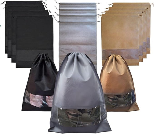 12 PCs Shoe Bags for Travel, Packing, Storage, Organizing & Suitcase. Reusable Dustproof & Water Resistant Sneakers Pouch Protectors with Clear Window & Drawstring. Laundry & Toys (Sand, Gray & Black)