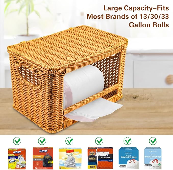 Large Trash Bag Dispenser, Rattan Garbage Bag Holder & Roll Organizer, Extra Large Trash Bag Storage for 13-33 Gallon Bags | Under Sink Organizer, Pantry & Kitchen Basket