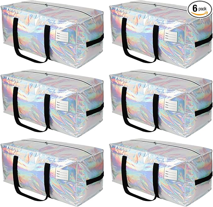 6 Pack Heavy Duty Moving Bags Extra Large Waterproof Foldable Clothing Storage Totes Bags with Zipper,Reinforced Handles,Packing Moving Boxes for Dorm & Seasonal Storage,Iridescent