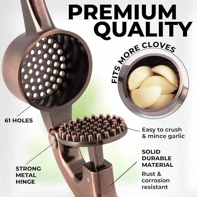 Zulay Kitchen Large Premium Garlic Press Set - Bigger Bowl for Bigger Garlic - Rust Proof & Dishwasher Safe Garlic Mincer Tool - Easy-Squeeze, Easy-Clean Silicone Garlic Peeler & Brush (Copper)