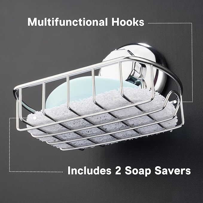 HASKO 2-Pack Suction Cup Soap Holder – Bar Soap Dish for Shower with Hooks for Bathroom – Optional Mounting with Adhesive Tape – Includes 2 Soap Savers – Polished Stainless Steel SS304