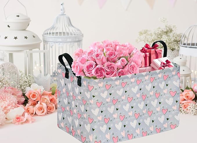 Rec Heart Print Box Hamper Storage Basket Collapsible Organizer Bin Gift Shelf Baskets for Home and Kitchen Storage