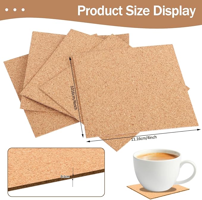 100 PCS Self-Adhesive Cork Sheets 4 x 4 Inch Squares Cork Coasters Square Corks Board Backing for DIY Crafts, Drinks and Home Tabletop Decoration