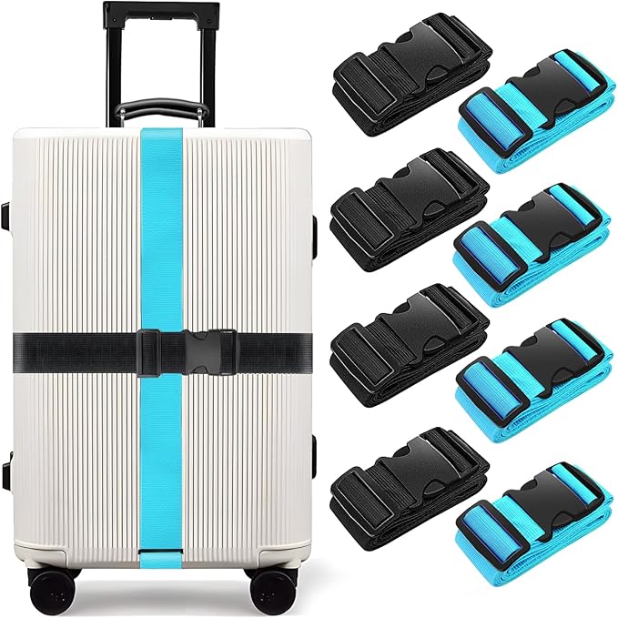 BILIONE 8 Pcs Luggage Straps, 79" Long Belts Keep Suitcase Secure While Traveling, TSA Approved Add a Bag Premium Accessory for Travel Bag Closure (4Pcs Black + 4Pcs Blue)