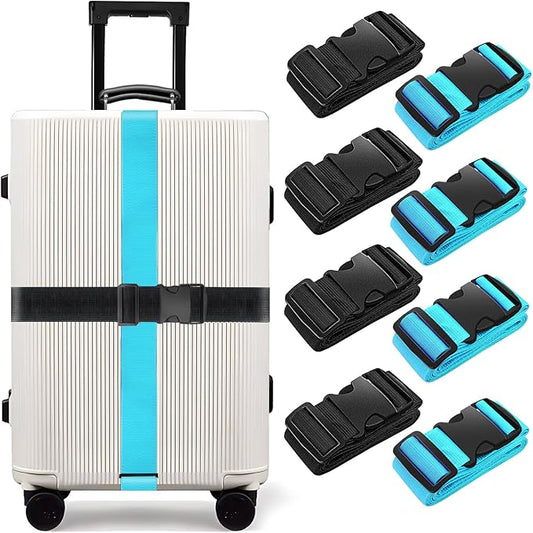 BILIONE 8 Pcs Luggage Straps, 79" Long Belts Keep Suitcase Secure While Traveling, TSA Approved Add a Bag Premium Accessory for Travel Bag Closure (4Pcs Black + 4Pcs Blue)