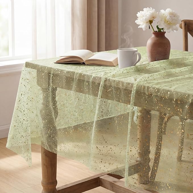 Horaldaily Sage Green Gauze Tablecloth 60x60 Inch Square, Golden Sequin Glitter Metallic Foil, Sheer Tulle Cheesecloth for Wedding Baby Shower Ceremony Birthday