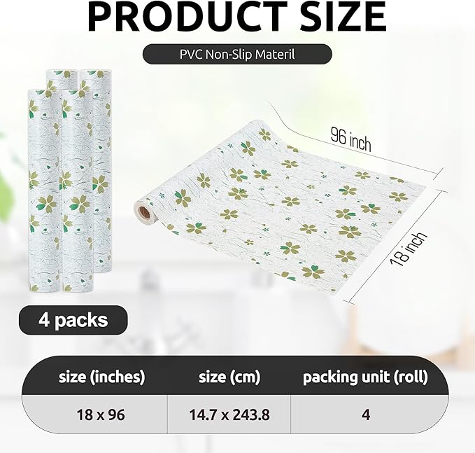 RAY STAR 18X96 Inch Shelf Liner for Kitchen Cabinets, Non-Adhesive Cabinet Liner Washable, PVC Drawer Liner for Dresser Non-Slip Bathroom (Green-Floral)(4 Roll)