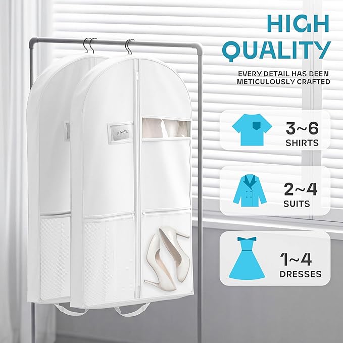 43" Travel Garment Bag with Accessories Zipper Pocket, Heavy Duty Suit Bag for Suits, Tuxedos, Dresses, Coats, White, 1 pack