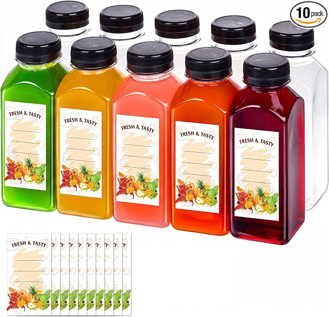 BAKHUK 10pcs 12oz Empty Plastic Juice Bottles with Caps, Plastic Water Bottles with Lids, Reusable Clear Bulk Beverage Containers for Juice, Milk and Other Beverages