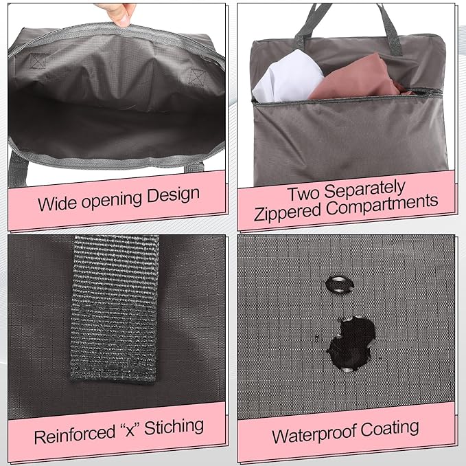 2 Pcs Travel Laundry Bags Waterproof with Handle Dirty Clothes Bag for Traveling Hanging Laundry Hamper with Two Zippered Pockets Washable Reusable for Sports Home Travel College Dorm (Pink, Gray)