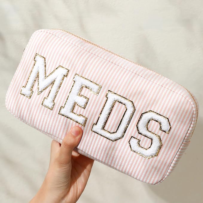 uekeboag Seersucker Chenille Letter Stuff Meds RX Makeup Bag, Travel Washable Purse Organizer with Zipper, Lightweight Toiletry Cute Personalized Preppy Cosmetic Bag For Women and Girls(04Pink Meds)