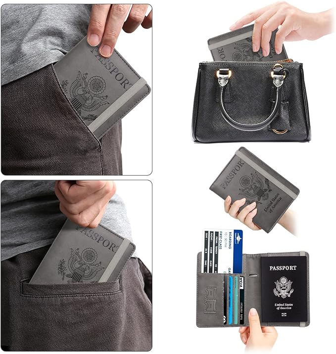 WALNEW Passport Holder for Travel, RFID Passport Cover Wallet for Women Men, PU Leather Passport Book Card Holder Case with Pen, Travelling Essentials for Flying