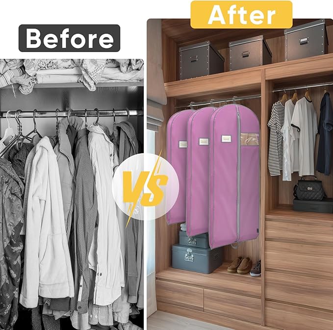 BALEINE 5PK Heavy Duty Garment Bag with Shoe Storage Travel Bag for Dresses, Suit, Coats Travel Essential (60", Pink)