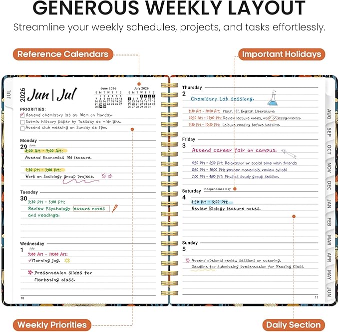 Planner 2026-2027, Academic Year Monthly and Weekly Calendar Planner, Jul 2026 - Jun 2027, Hardcover Teacher Student Planning Agenda book with Tabs, Perfect for School Office Supplies, 6.3" x 8.5" - Enchanted Mushrooms