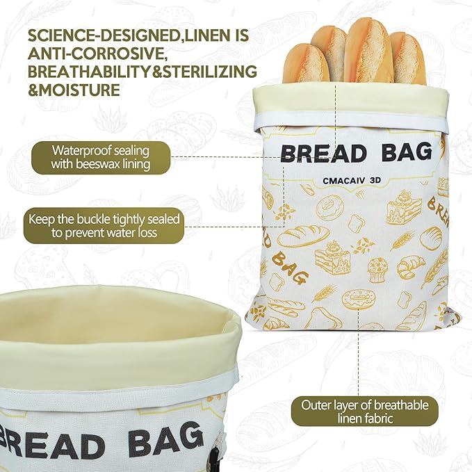 2-Pack Beeswax Bread Bag,17"×13"Reusable Organic Bread Bags for Homemade Bread Sourdough,Linen Outer Lining and Pure Cotton Beewax Inner Lining Moisture-proof &Fresh-Preserving Bags Keeps Fresh Longer