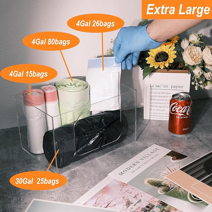 SEANADO Extra Large Trash Bag Dispenser Roll Holder, Wall Mount Acrylic Kitchen Under Sink Organizer Storage Box Large Garbage Bags (10.43” x 7.5” x 6.9” without Lid)