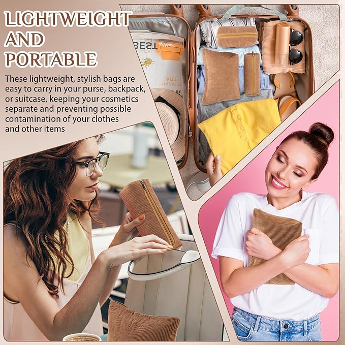 3 Pcs Makeup Bag Set for Women Corduroy Cosmetic Pouch Aesthetic Smile Travel Toiletry Bag Cute Purse Pouch Pencil Case Makeup Brushes Storage Organizer for Christmas(Brown,Solid Style)