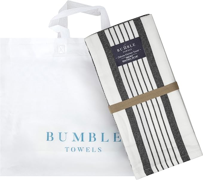 Premium Kitchen Towels (20”x 28”, 6 Pack) | Large Cotton Dish Towels | Flat & Terry Highly Absorbent Kitchen Linen Set with Hanging Loop | Black Striped