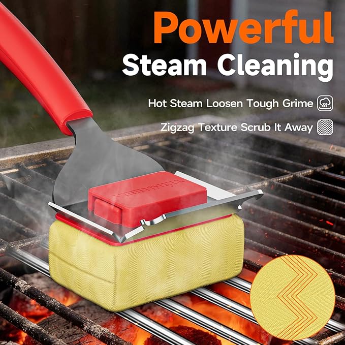 Bristle Free Grill Brush Replaceable Head for Outdoor Grill Cleaning, Safe Steam BBQ Grill Cleaning Pad Replacement for Cast Iron, Stainless Steel, Porcelain, Ceramic Grates - Red