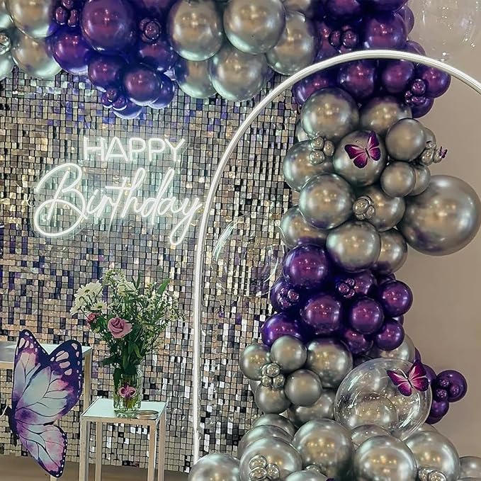 Metallic Purple Silver Balloon Garland Arch Kit,Chrome Purple and Silver Metallic Balloons with 18/12/5 Inch Different Sizes for Graduation Baby Shower Birthday Party Decorations