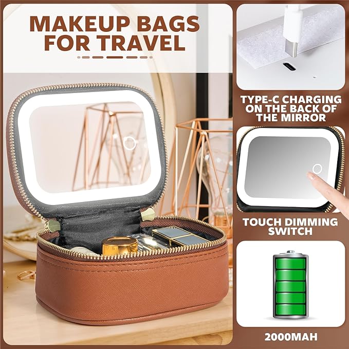 Small Makeup Bag with Led Mirror, Mini Travel Make up Bag 3 Light Modes Adjustable Brightness, for Women Organizer Cosmetic Bag, Portable Travel Train Toiletry Bag, for Pool Parties Work Touch-Ups