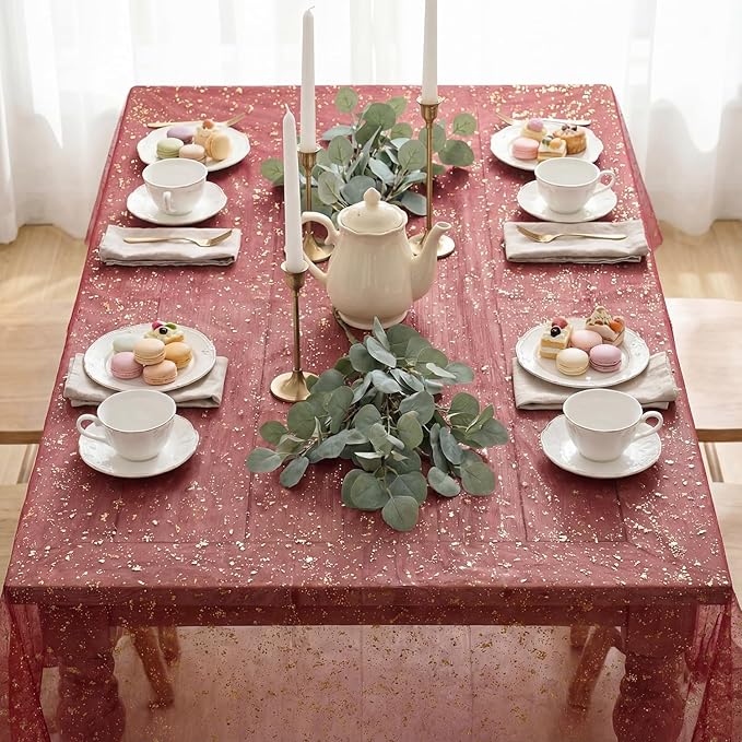 Horaldaily Burgundy Gold Gauze Tablecloth 60x104 Inch Rectangular, Golden Sequin Glitter Metallic Foil, Sheer Tulle Cheesecloth for Wedding Baby Shower Ceremony Birthday