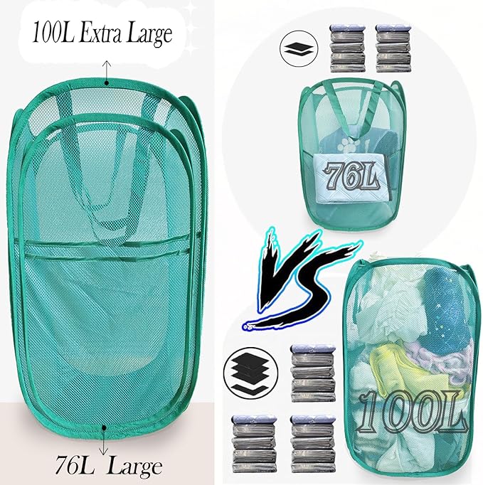 Upgraded Extra Large Mesh Pop Up Laundry Hamper 2 Pack, 100L Foldable Laundry Baskets, Dirty Clothes Hamper with Handles, Collapsible Hampers for Laundry Travel, Dorm or Home. Green