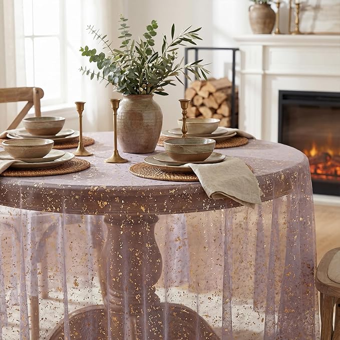 Horaldaily Grayish Purple Gold Tablecloth 60x60 Inch Round, Golden Sequin Glitter Metallic Foil, Sheer Tulle Cheesecloth for Wedding Baby Shower Ceremony Birthday
