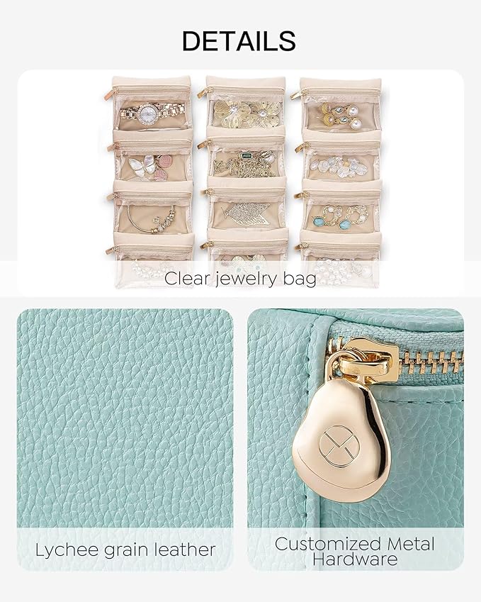 Vlando Jewelry Travel Case,Travel Jewelry Organizer with Clear Velvet Jewelry Bags 12Pcs Zipper Pouch for Women Girl Trendy Stuff Gift-Lake Blue