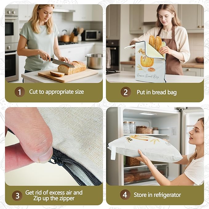 2 Packs Wide Zipper Access Beeswax Bread Bags for Homemade Bread,Linen Outer Lining and Pure Cotton Beeswax Inner Lining Moisture-proof Construction,Reusable XLBread Bag with Zip Keeps Fresh Longer