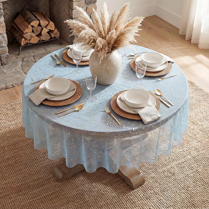 Horaldaily Light Blue Gold Gauze Tablecloth 60x60 Inch Round, Light Blue Sequin Glitter Metallic Foil, Sheer Tulle Cheesecloth for Wedding Baby Shower Ceremony Birthday