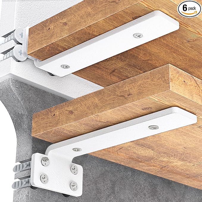 Goovilla Shelf Bracket, Heavy Duty Floating Shelf Brackets 10 inch Long, 6 Pack Brackets for Shelves, White Coated Metal Wall Shelf Support Brackets with 1/5 Inch Thick and 160 lb. Load Capacity