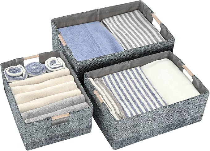 Fabric Storage Bin Box Collapsible Cotton Linen Storage Cube with Wooden Handles Rectangular Decorative Home Organizer Clothes Blanket Basket– Dark Gray Plaid, Medium